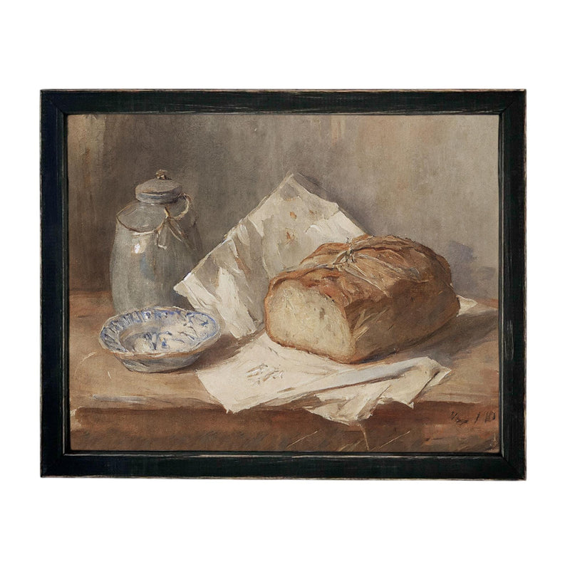 Framed Vintage Pottery and Bread Still Life Painting, Farmhouse Kitchen Canvas Print #ST-648