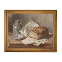 Framed Vintage Pottery and Bread Still Life Painting, Farmhouse Kitchen Canvas Print #ST-648