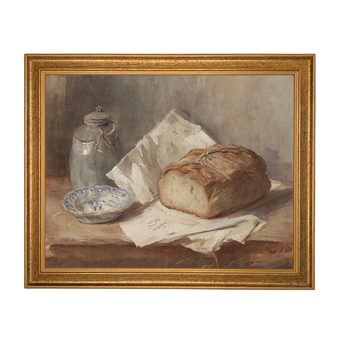Framed Vintage Pottery and Bread Still Life Painting, Farmhouse Kitchen Canvas Print #ST-648