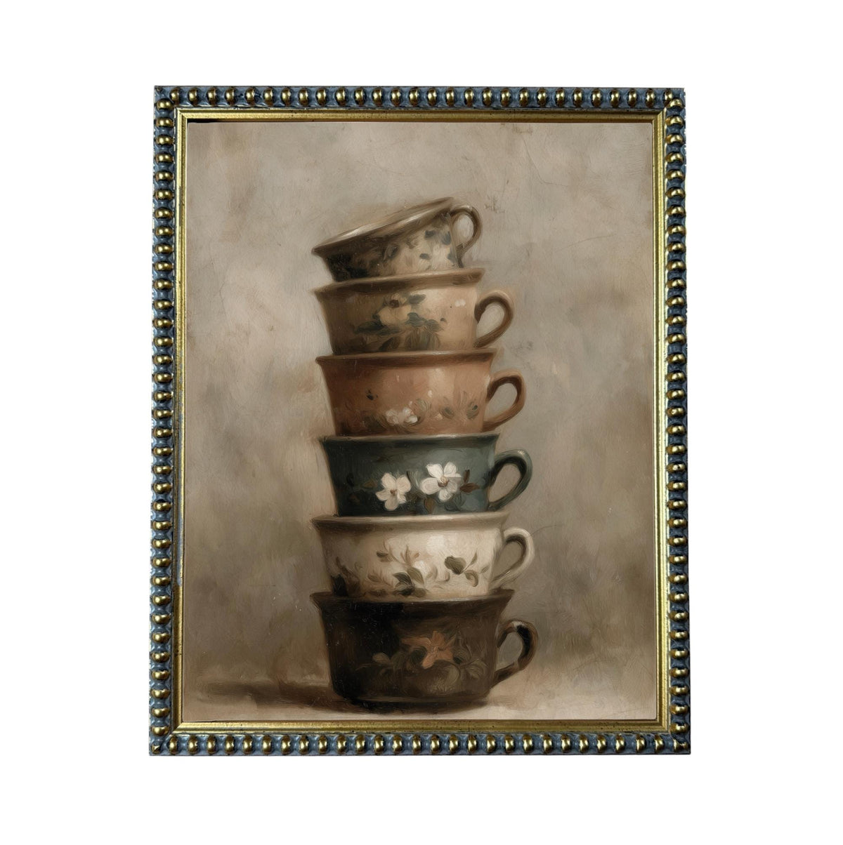 Framed Vintage Kitchen Teacups Pottery Still Life Canvas Print #ST-649