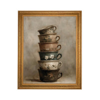 Framed Vintage Kitchen Teacups Pottery Still Life Canvas Print #ST-649