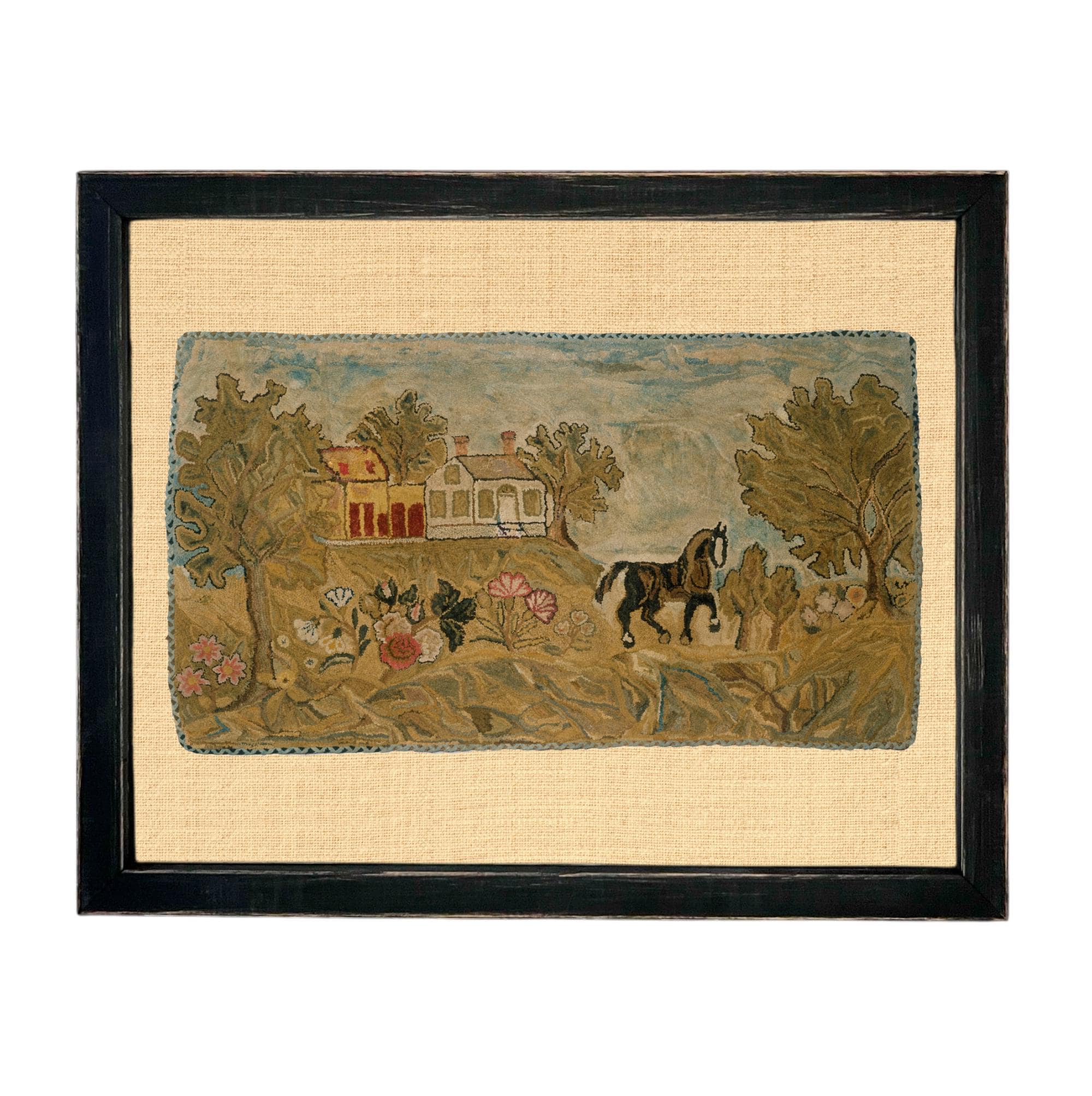 Framed Horse & Cottage Canvas Art Print: Vintage Farmhouse Decor #COT-101