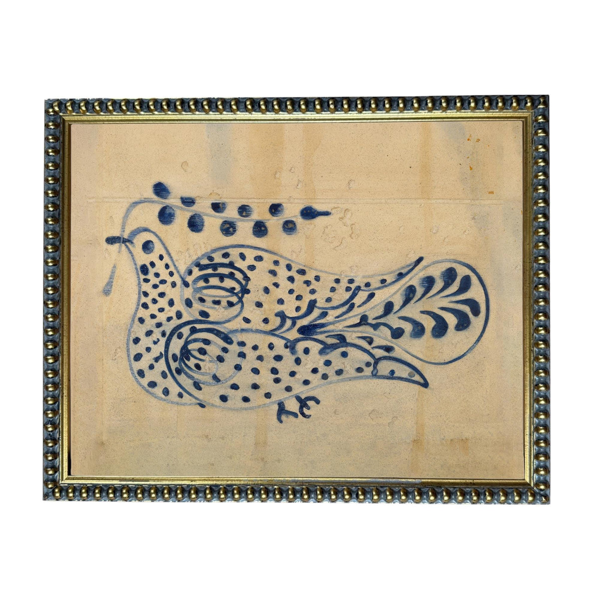 Framed Vintage Blue Floral Folk Bird Canvas Art Print: Vintage Farmhouse Decor #COT-102