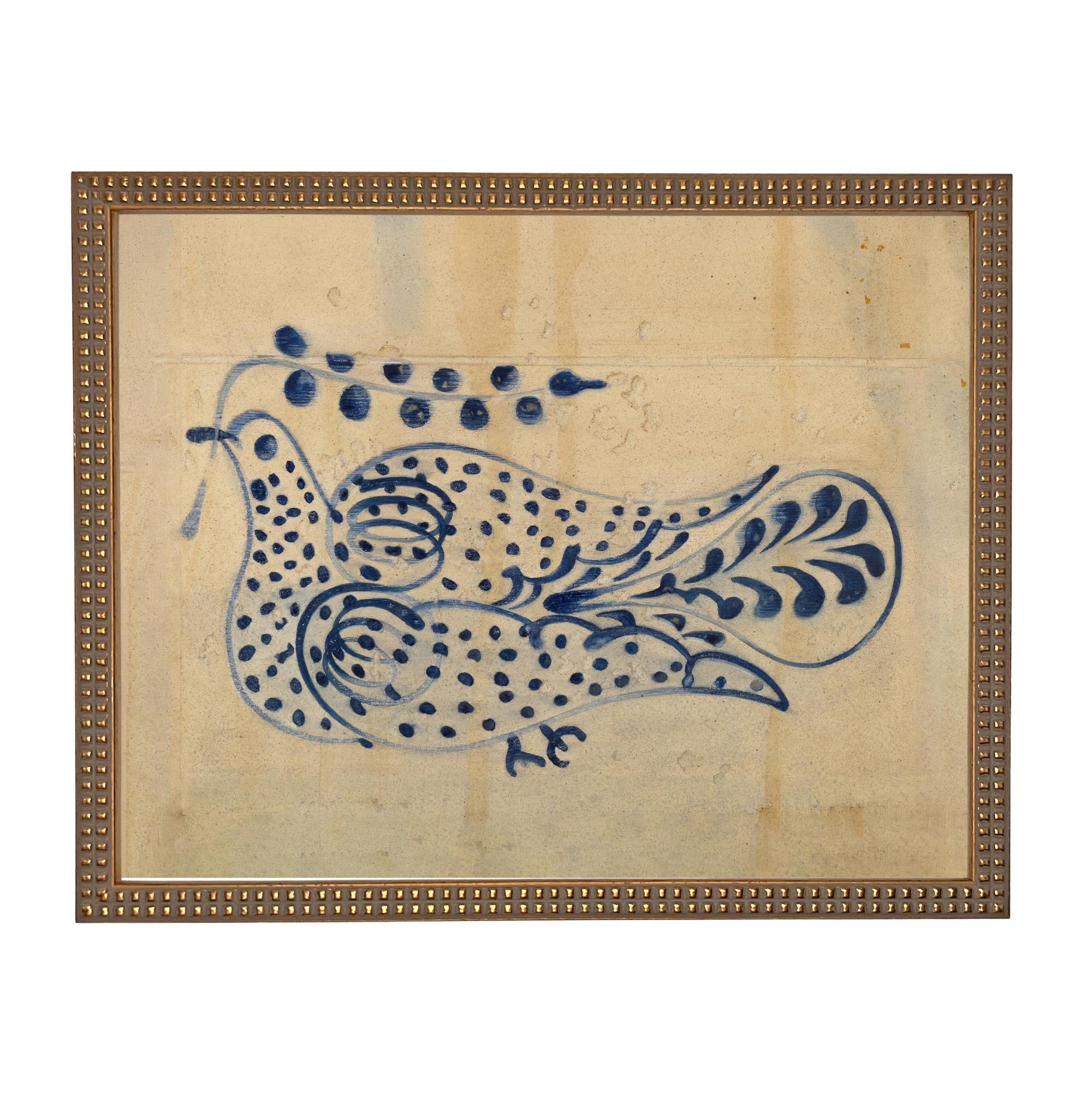 Framed Vintage Blue Floral Folk Bird Canvas Art Print: Vintage Farmhouse Decor #COT-102
