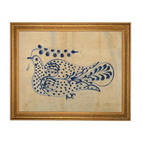 Framed Vintage Blue Floral Folk Bird Canvas Art Print: Vintage Farmhouse Decor #COT-102