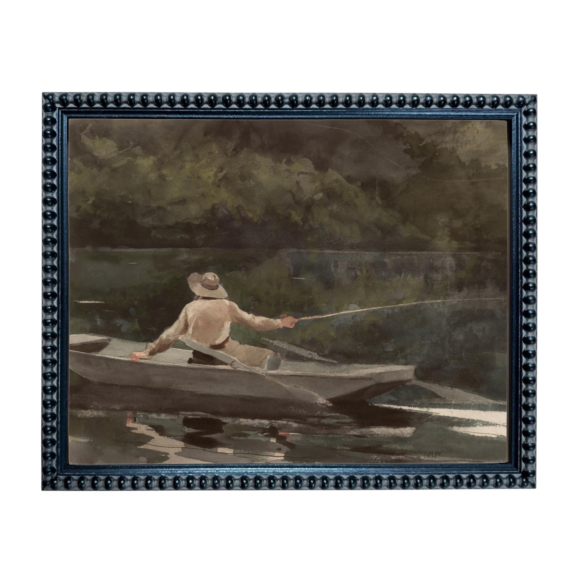Framed Canvas Fishing Lake Landscape Print: Vintage Cabin Art #CAB-101