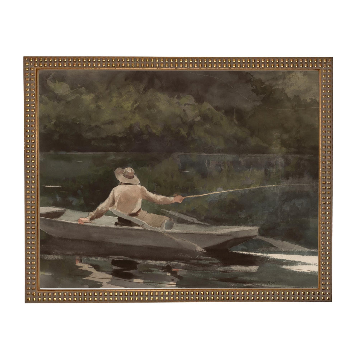 Framed Canvas Fishing Lake Landscape Print: Vintage Cabin Art #CAB-101