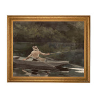 Framed Canvas Fishing Lake Landscape Print: Vintage Cabin Art #CAB-101