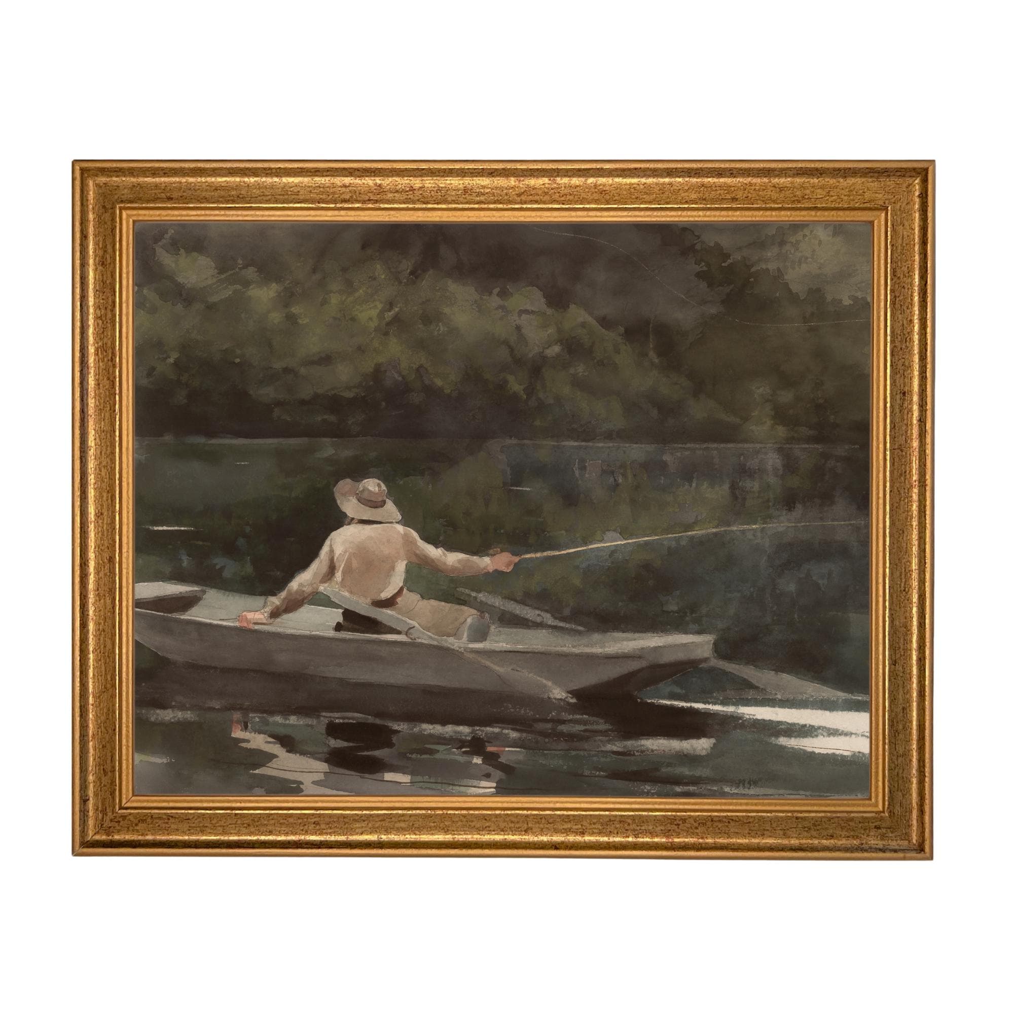 Framed Canvas Fishing Lake Landscape Print: Vintage Cabin Art #CAB-101