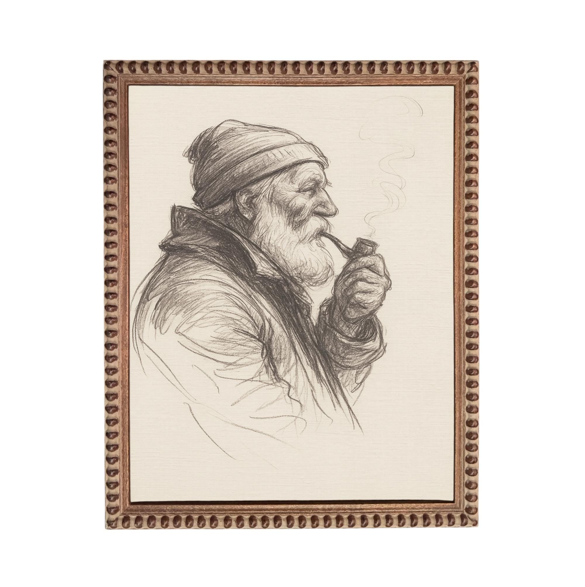 Framed Vintage Fisherman Sketch- Neutral Cabin or Lake Art #CAB-104