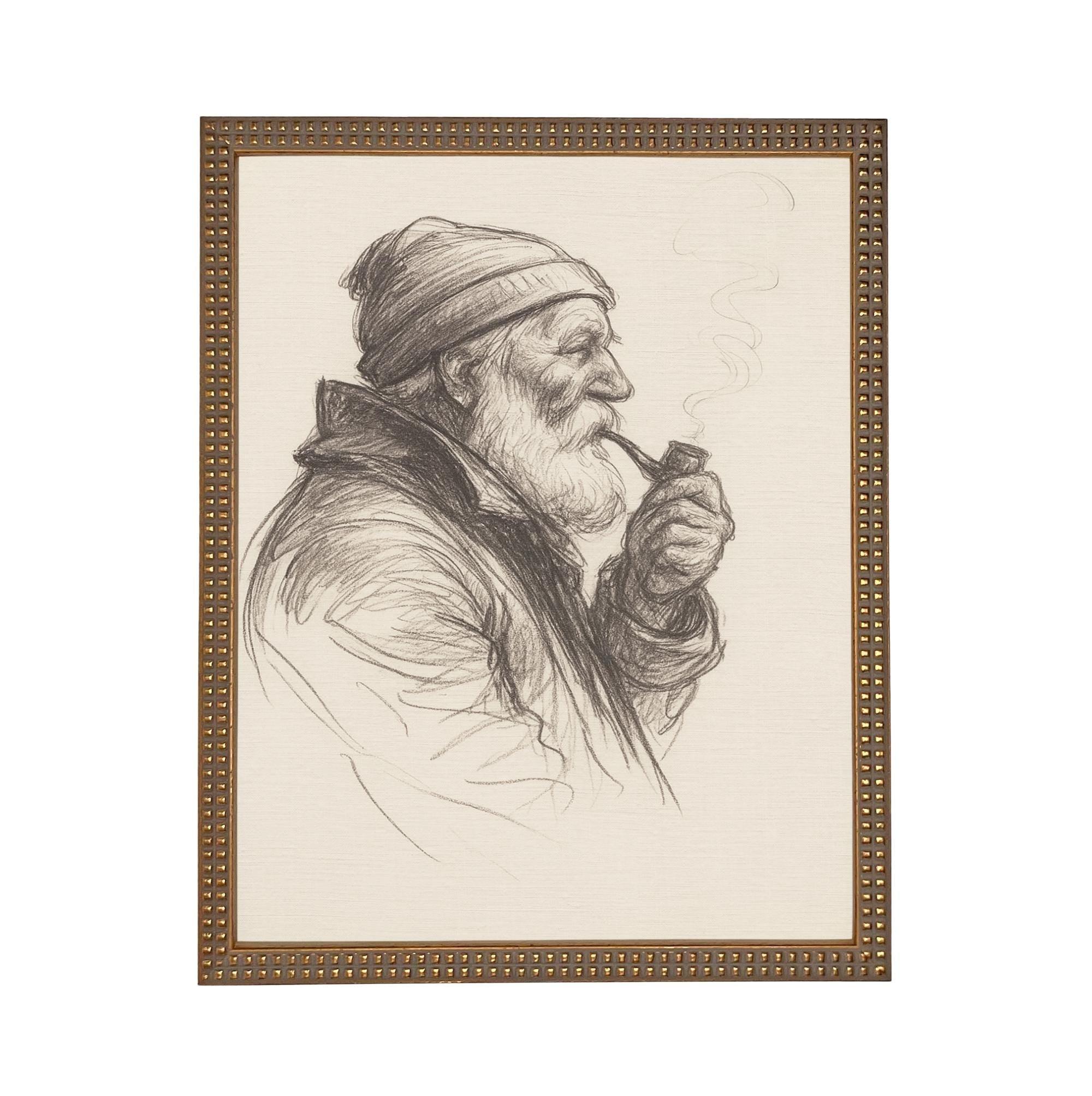 Framed Vintage Fisherman Sketch- Neutral Cabin or Lake Art #CAB-104