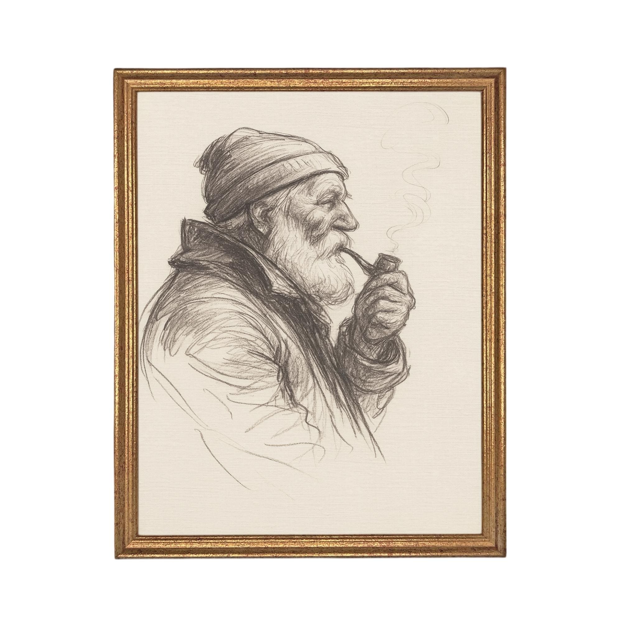 Framed Vintage Fisherman Sketch- Neutral Cabin or Lake Art #CAB-104
