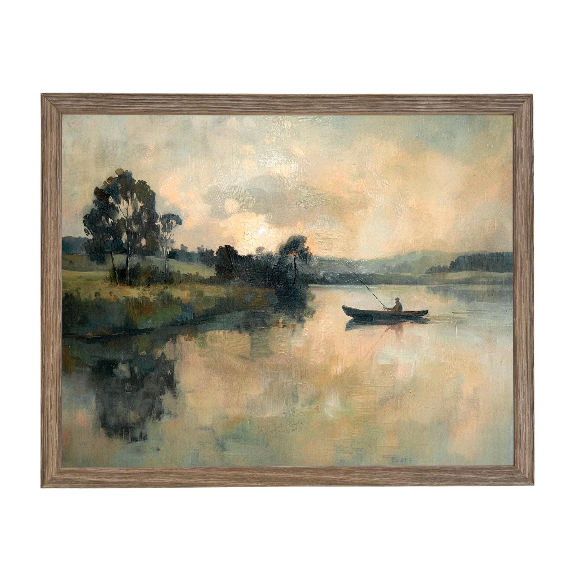 Framed Vintage Fisherman Print on Canvas: Lake House Cabin Art #CAB-109