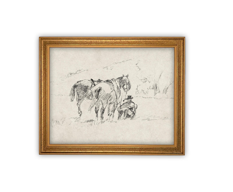 READY TO SHIP 8X10 Framed Vintage Horse Sketch Art Print: Farmhouse Canvas