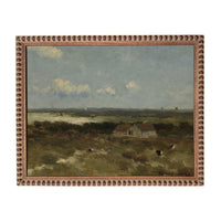 The image is a painting depicting a rural landscape with a small house and grazing cattle in the foreground.