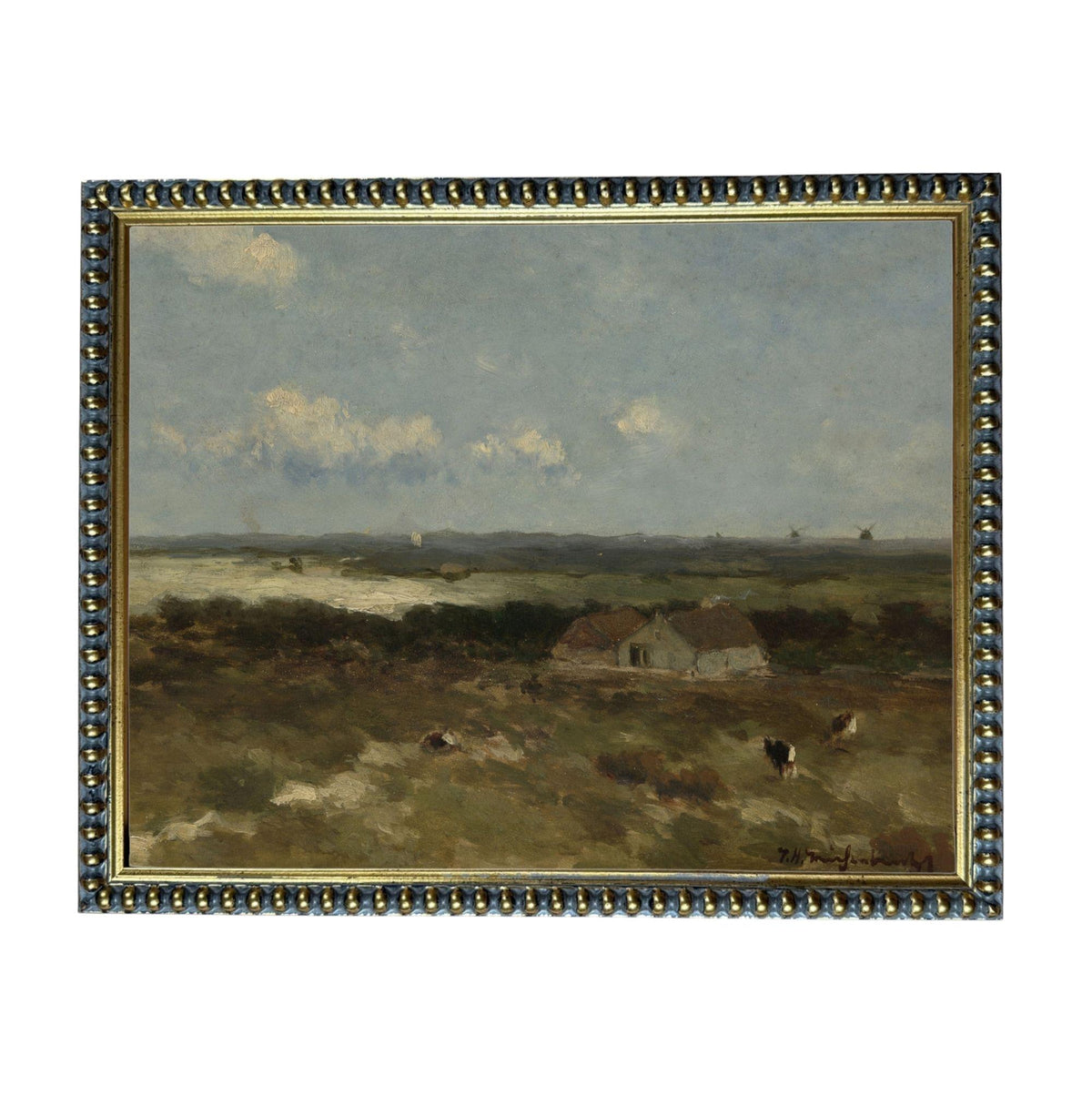 The image is a painting depicting a rural landscape with a small house and cows grazing in the foreground.
