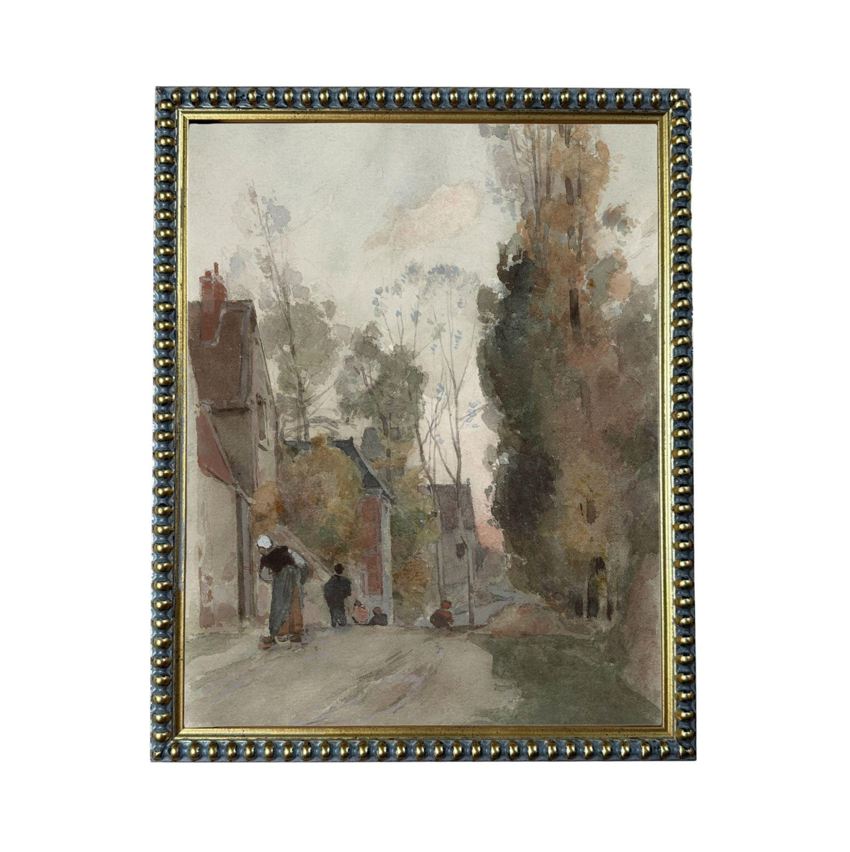 The image is a painting of a street scene with people walking along the sidewalk, framed in a decorative metal frame.