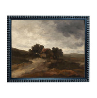 The image is a framed landscape painting depicting a rural countryside scene with rolling hills, trees, and a cloudy sky.
