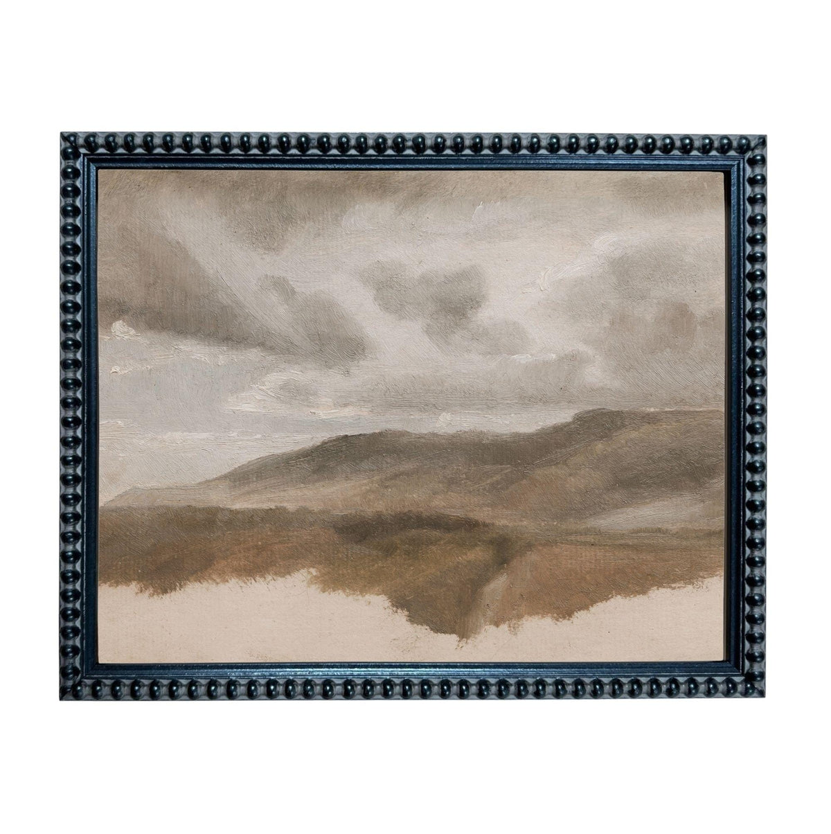 The image is a framed painting depicting a landscape with mountains and clouds in the background.