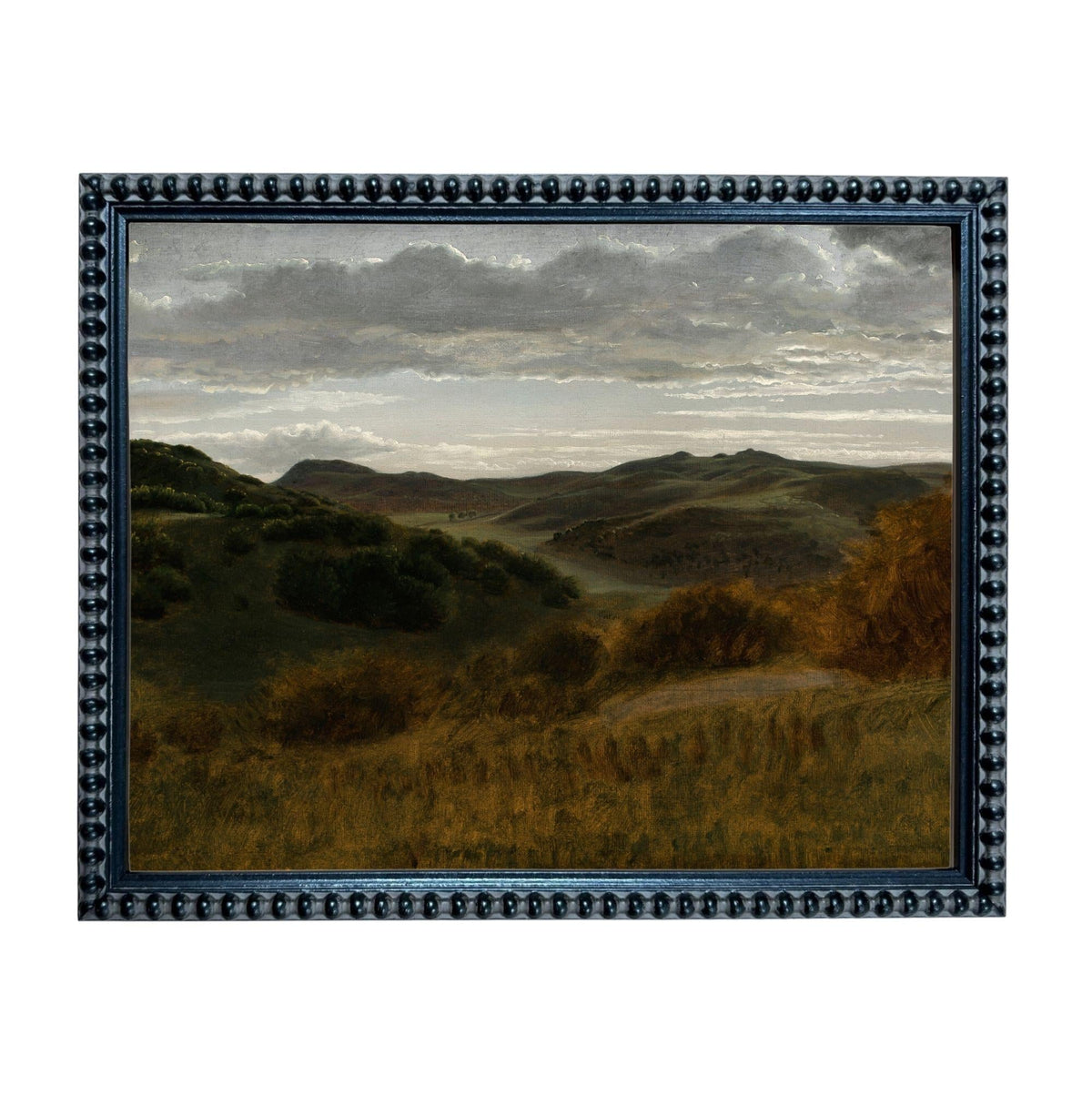The image is a framed landscape painting depicting a serene countryside scene with rolling hills, lush vegetation, and a cloudy sky.