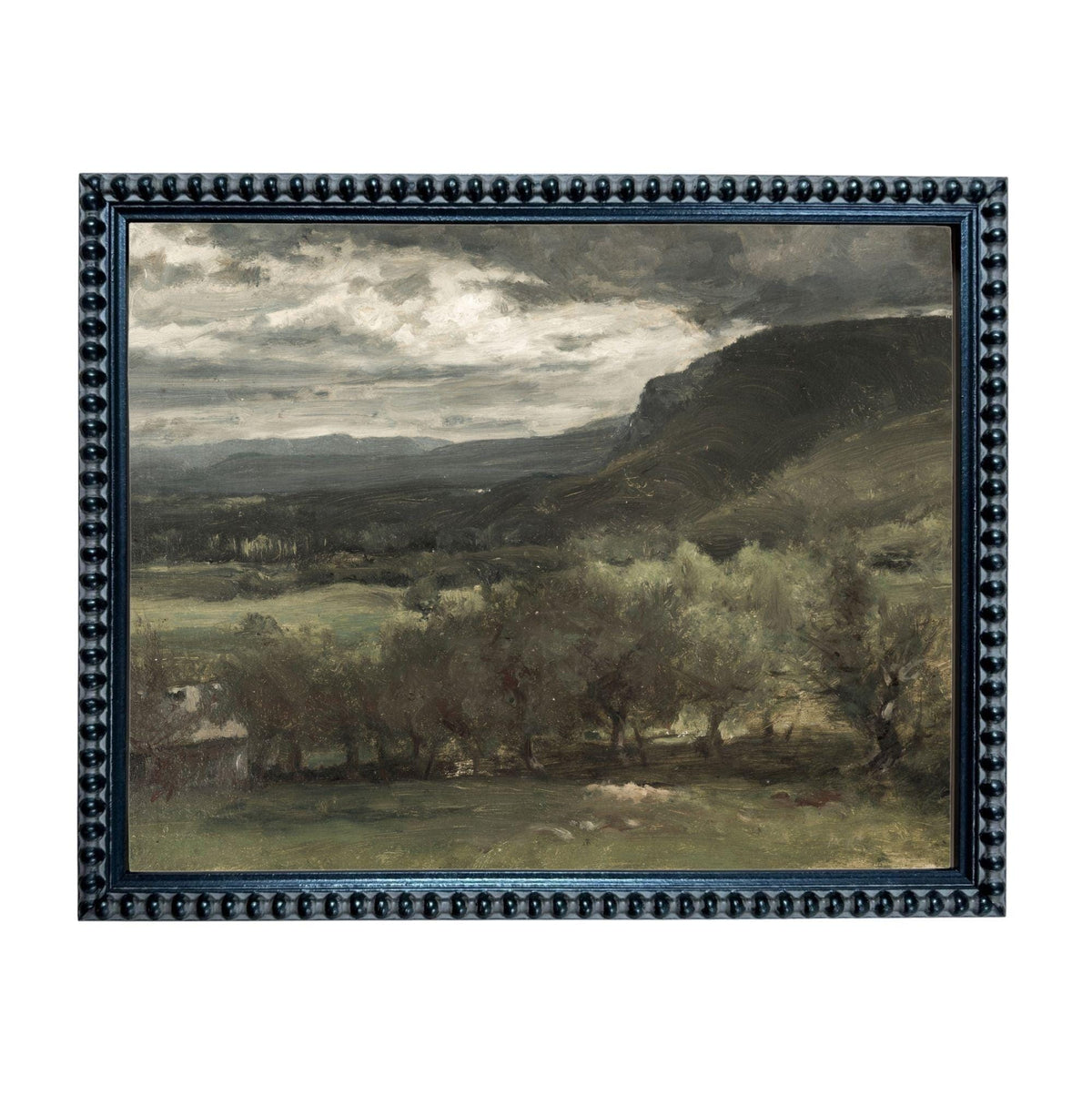 The image is a framed landscape painting depicting a serene countryside scene with rolling hills, trees, and a cloudy sky.