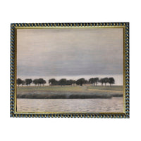 The image is a painting of a landscape featuring a row of trees on the shore of a body of water, with a cloudy sky in the background.