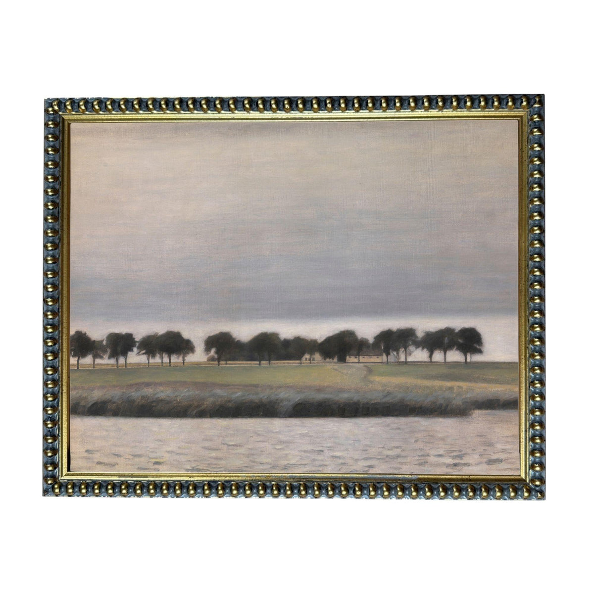 The image is a painting of a landscape featuring a row of trees on the shore of a body of water, with a cloudy sky in the background.