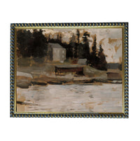 The image is a painting depicting a serene landscape with a body of water, trees, and a building in the background.