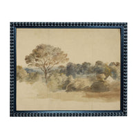 The image is a framed painting depicting a serene landscape with a tree in the foreground and a background of trees and hills.