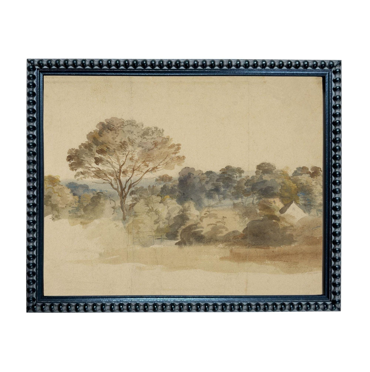 The image is a framed painting depicting a serene landscape with a tree in the foreground and a background of trees and hills.