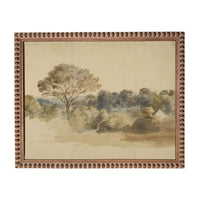The image is a framed painting depicting a serene landscape with a large tree in the foreground and a background of trees and buildings.