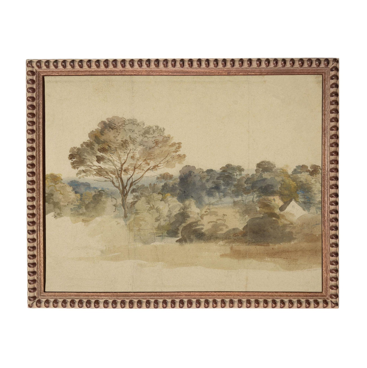 The image is a framed painting depicting a serene landscape with a large tree in the foreground and a background of trees and buildings.