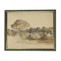The image is a framed watercolor painting depicting a serene landscape with a tree in the foreground and a background of trees and foliage.
