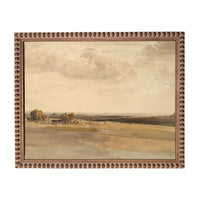 The image is a painting of a rural landscape with a field, trees, and a cloudy sky.