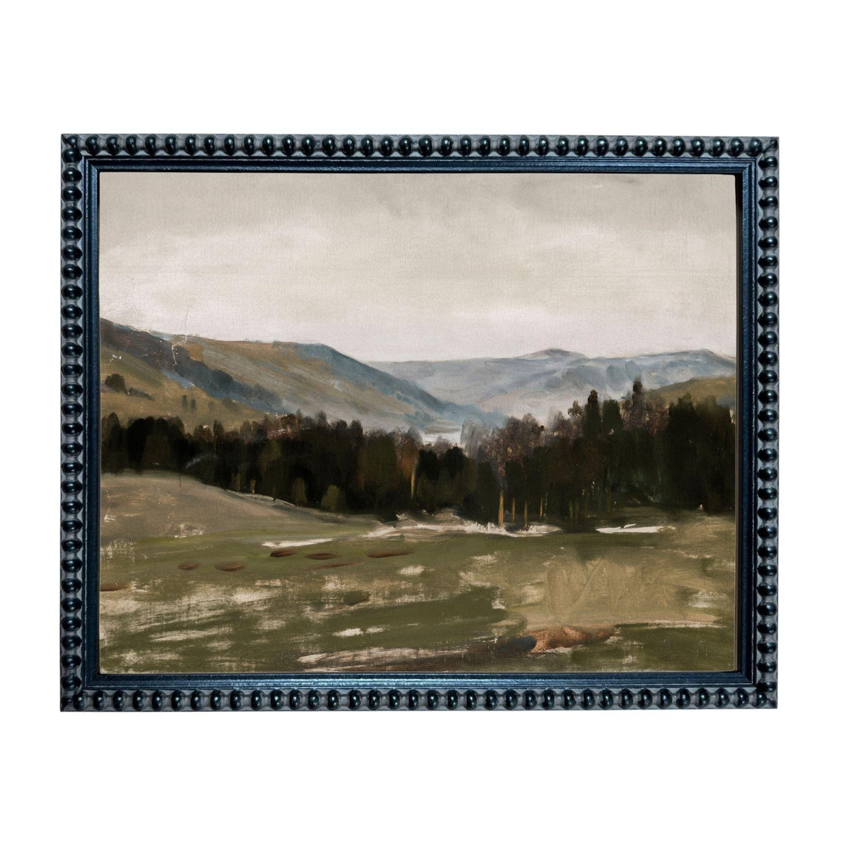 The image is a framed landscape painting depicting a serene countryside scene with rolling hills, trees, and a body of water in the distance.