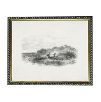 The image is a black and white illustration of a deer standing in a field with trees in the background.