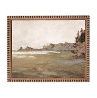The image is a painting of a landscape with a body of water and mountains in the background.