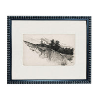 The image is a framed black and white print depicting a landscape with trees and a hill.