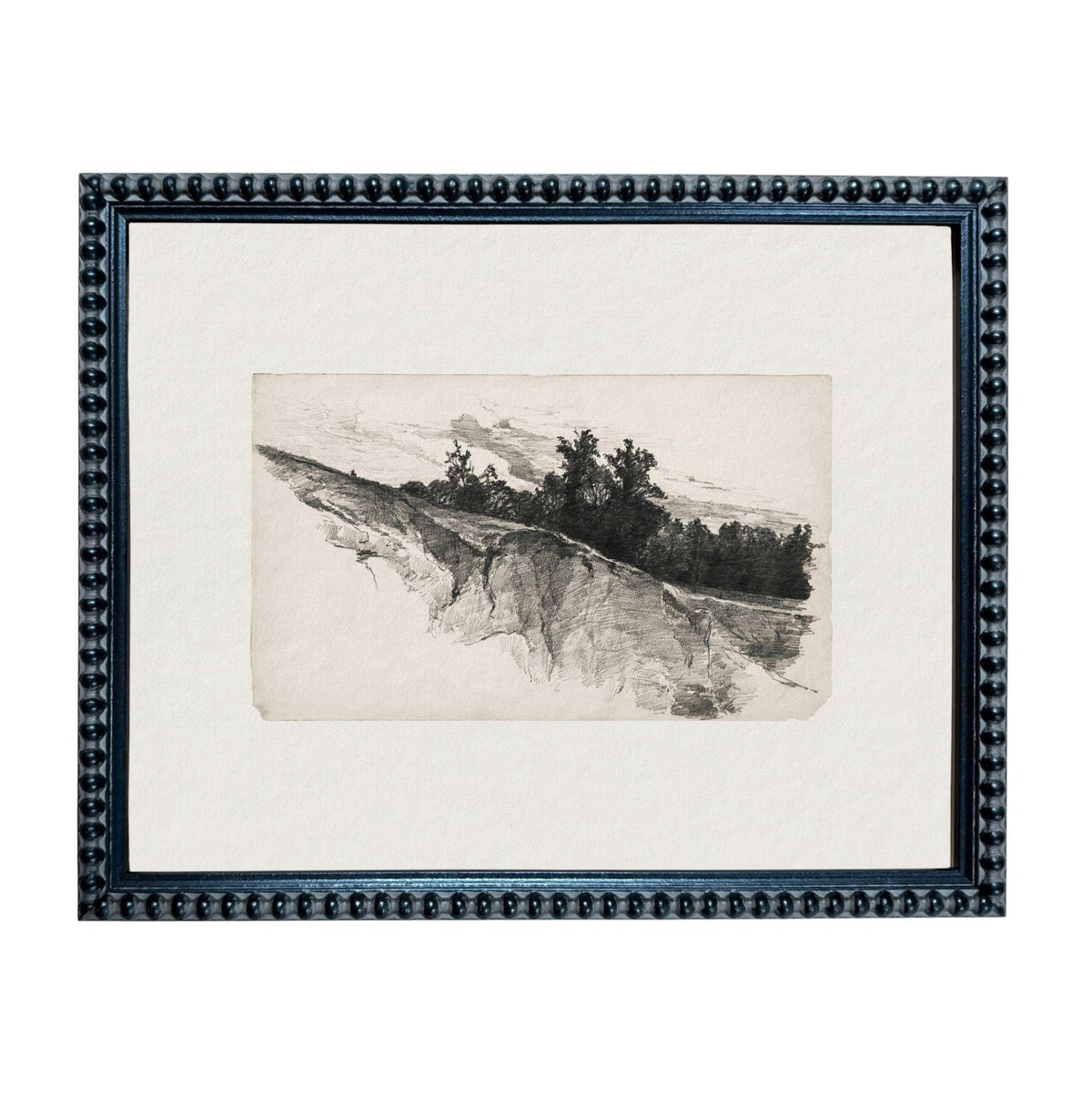 The image is a framed black and white print depicting a landscape with trees and a hill.
