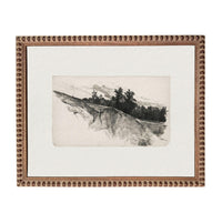 The image is a framed artwork depicting a landscape with trees and a hill.