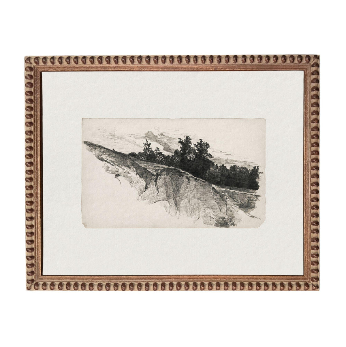 The image is a framed artwork depicting a landscape with trees and a hill.