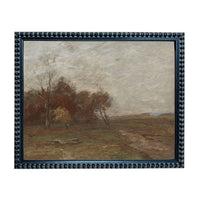 The image is a framed painting depicting a serene landscape with a winding path, trees, and a cloudy sky.