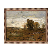 The image is a painting of a rural landscape with trees, grass, and a body of water.