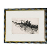 The image is a framed artwork depicting a landscape with trees and a hill.