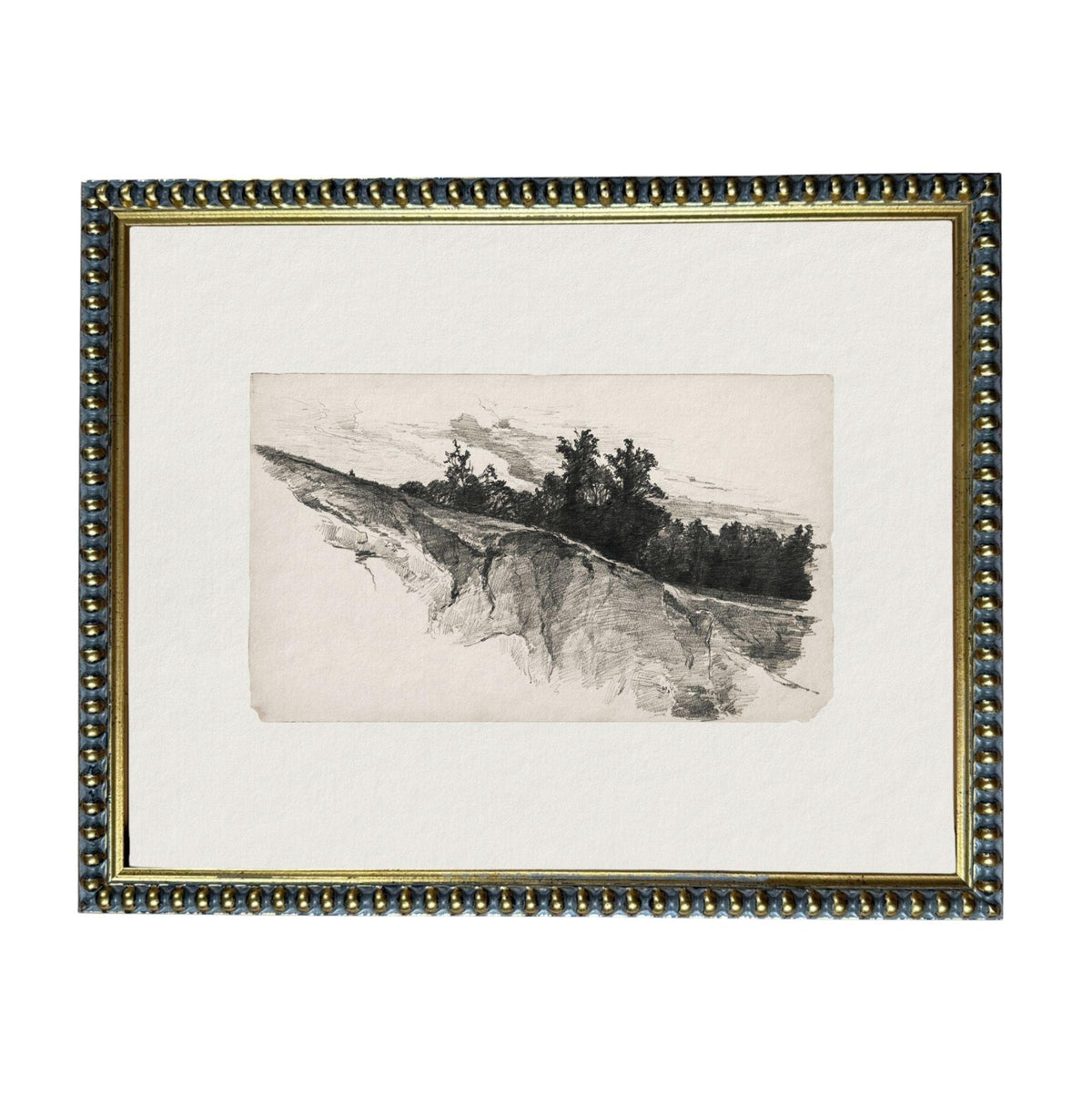 The image is a framed artwork depicting a landscape with trees and a hill.