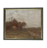 The image is a painting of a landscape with trees and a field, depicting a serene and peaceful scene.