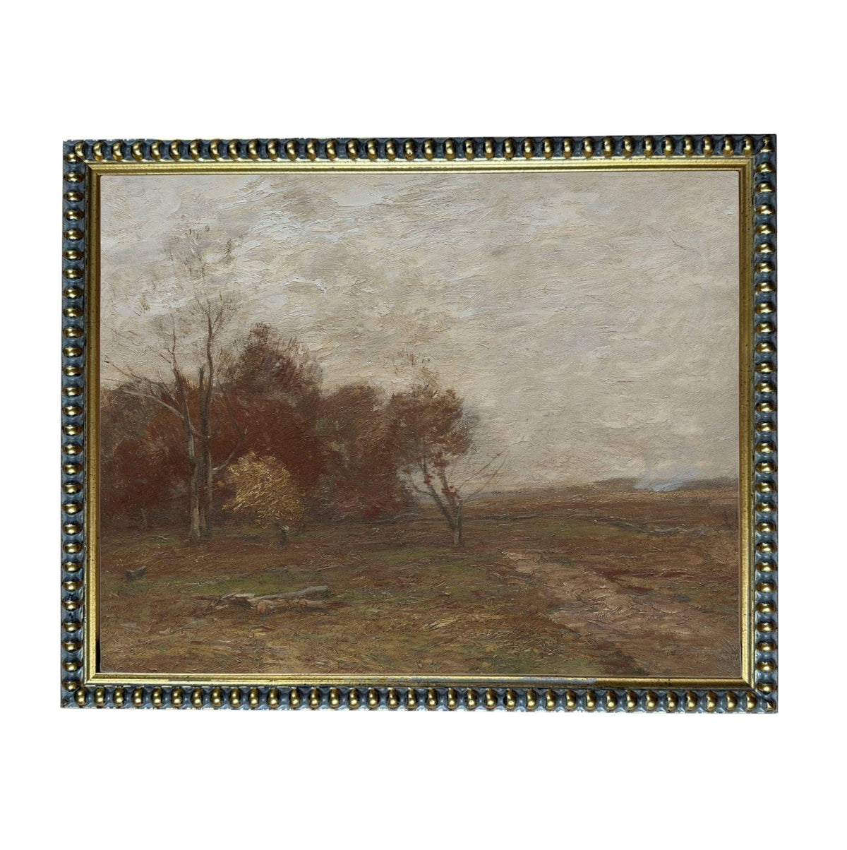 The image is a painting of a landscape with trees and a field, depicting a serene and peaceful scene.