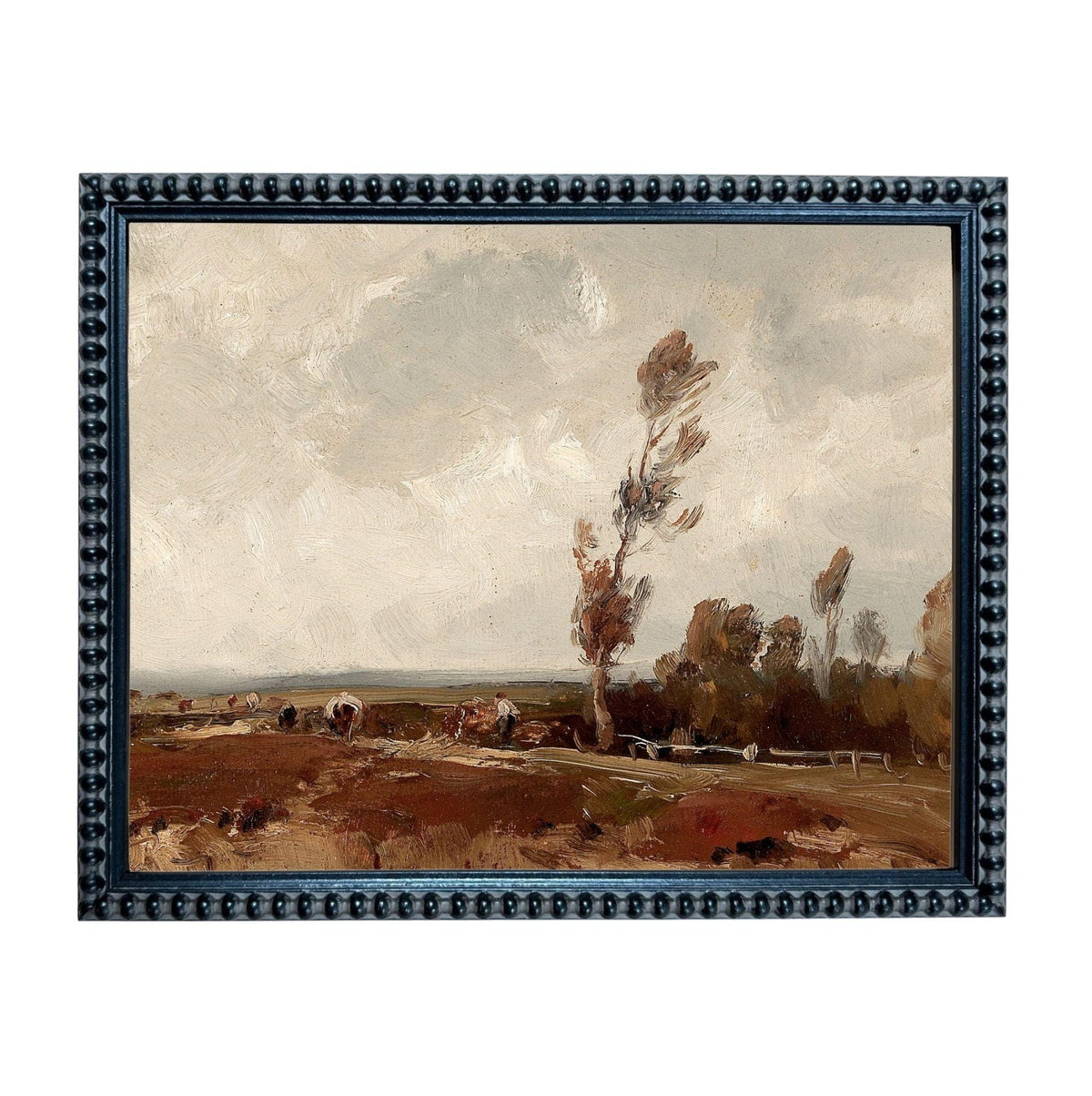 The image is a framed painting depicting a rural landscape with a field, trees, and a cloudy sky.