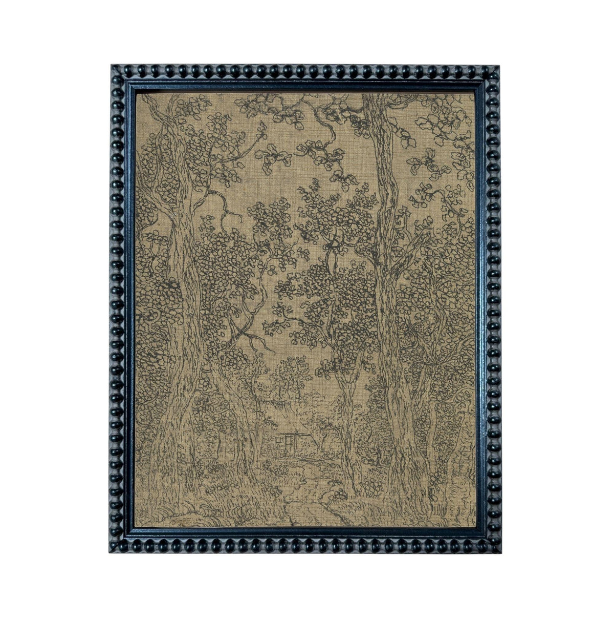 The image is a framed artwork depicting a forest scene with trees and foliage.