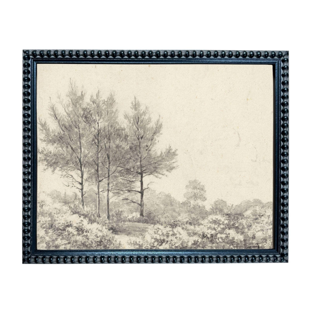 A black and white landscape painting depicting a serene scene of trees and foliage in a natural setting.